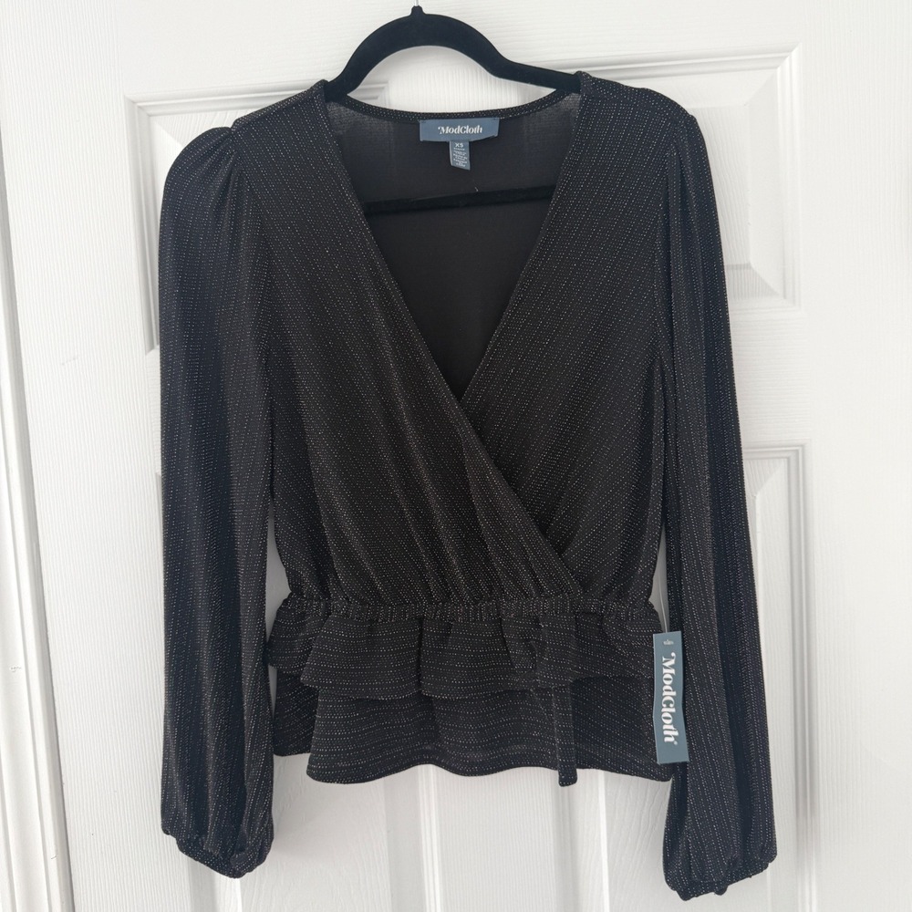 NWT ModCloth Black Sparkle Long Sleeve Wrap Blouse Top XS Party V Neck Stretchy